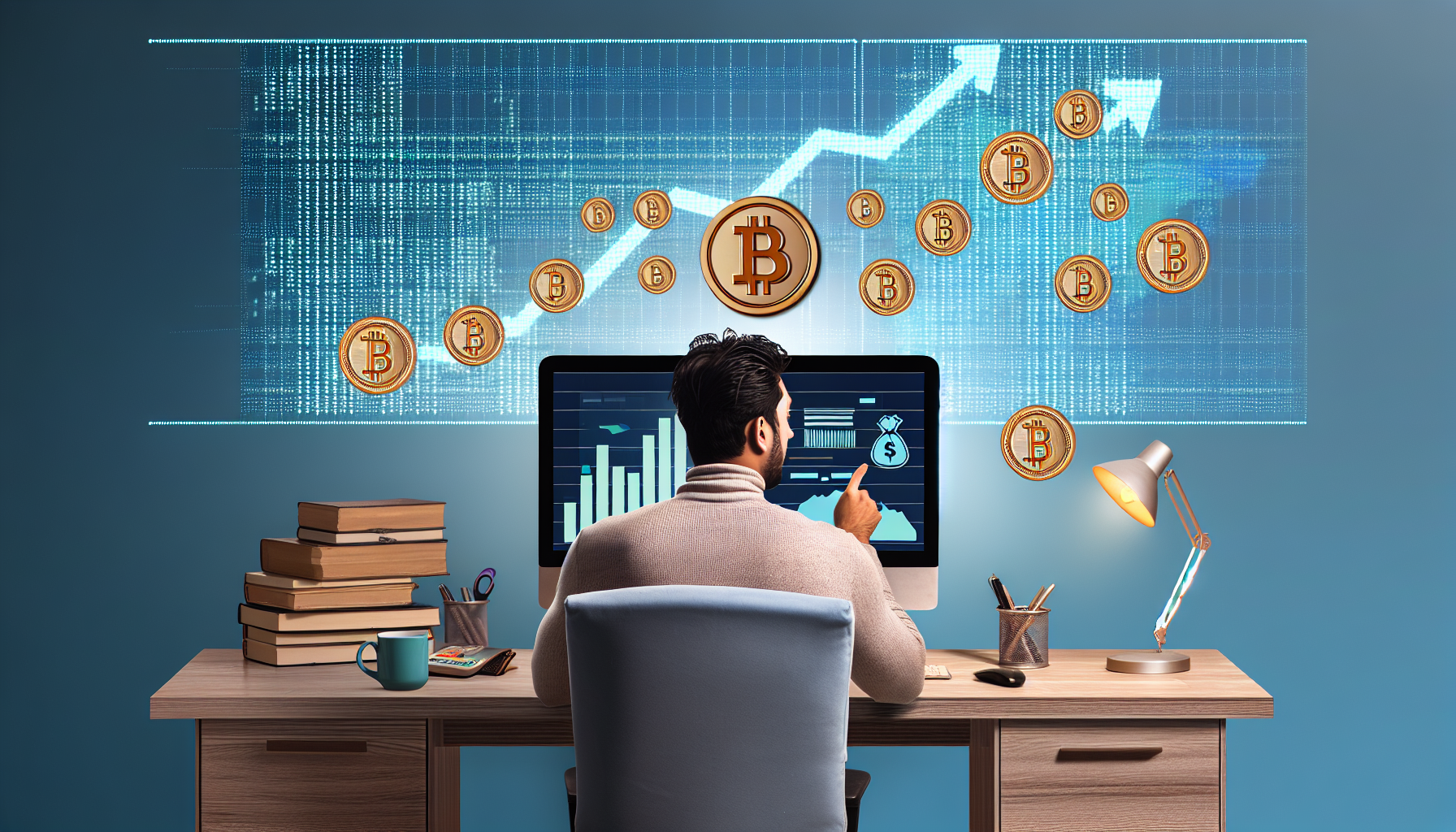 To create a visual representation of the concept of making money online, imagine the following scene:nIn the center of a modern home office, a Middle-Eastern man sits at a sleek, organized desk. He is focused on his computer, which displays a vibrant screen filled with various forms of virtual currency, including Bitcoin logos, digital wallet icons, and colorful payment charts. nAround the computer, you can see symbols of growth and success. A large, upward-pointing arrow is prominently featured, symbolizing increased income, alongside a growing bar graph that illustrates financial progress. nThe office itself is well-lit and inviting, with a stylish desk lamp casting a warm glow. On the desk, there are neatly arranged books on entrepreneurship and finance, a couple of pen pots filled with colorful pens, and a steaming coffee cup, suggesting a productive work environment. nThe overall atmosphere is professional yet approachable, reflecting a space where creativity and business acumen thrive. The combination of the user’s focused demeanor and the symbols of success creates an inspiring visual narrative about making money online.