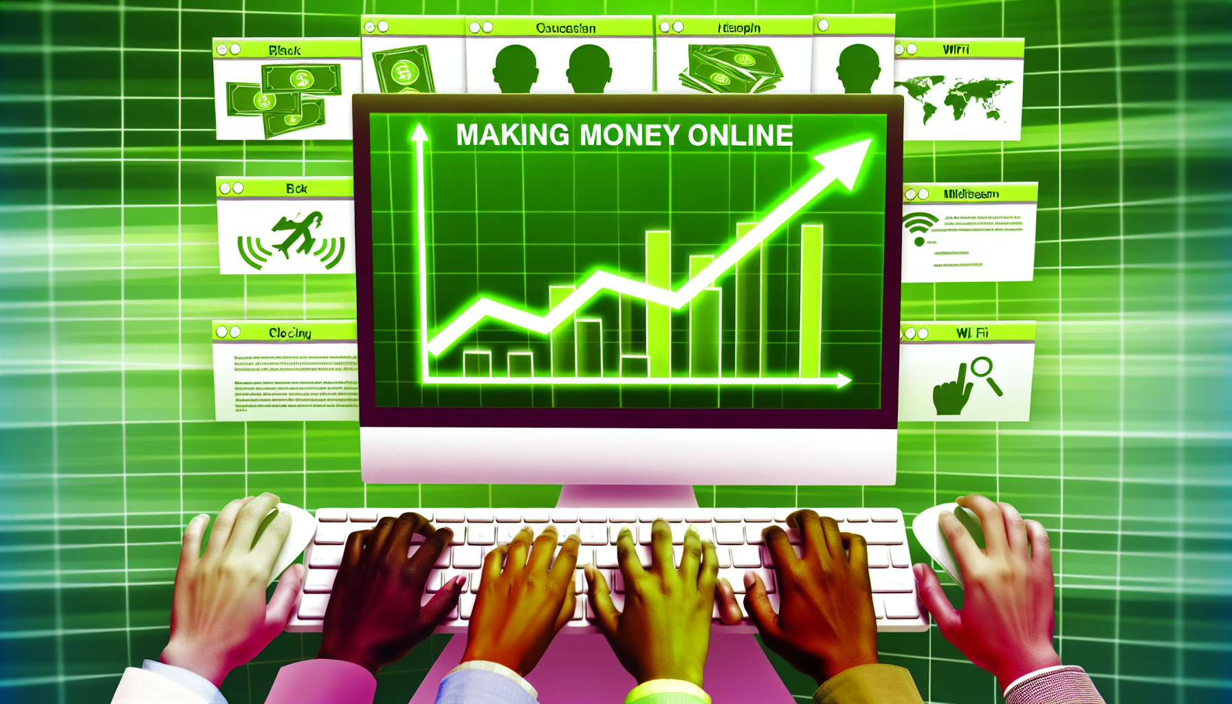 A concept image depicting the idea of making money online features a computer screen showcasing a vibrant lime green chart indicating increasing profits. The screen has multiple tabs open, displaying symbols such as a shopping cart, an email icon, and a Wi-Fi symbol, representing various online money-making methods. Surrounding the keyboard are hands of diverse descents, including Black, Caucasian, Hispanic, Middle-Eastern, and South Asian individuals, actively clicking and typing. The image captures the essence of a global digital community without referencing any specific individuals or copyrighted characters.