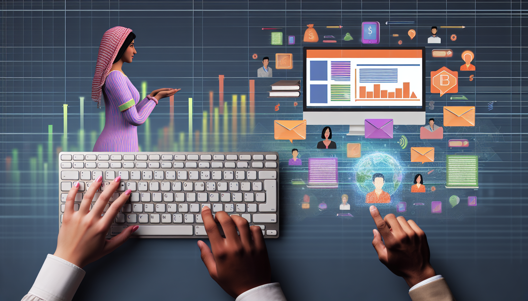 The image depicts a vibrant online business environment focused on digital products. At the bottom, a sleek keyboard stretches horizontally, with an animated effect that mimics the rhythm of a heartbeat, symbolizing the pulse of the business. Above the keyboard, a computer screen showcases colorful charts and infographics that illustrate the growth and success of the business, with upward trends and positive statistics.nNext to the computer screen, a floating holographic display presents a variety of digital products, including eBooks, online courses, mobile applications, and digital art pieces, all visually appealing and engaging.nTo emphasize inclusivity and diversity, two individuals are featured in the scene. A Middle Eastern woman stands confidently beside the computer, pointing at the screen with an expression of focus and determination. Meanwhile, an Hispanic man sits at the keyboard, actively typing and engaged in the process. Together, they represent a collaborative and dynamic approach to monitoring and driving the success of their online business.