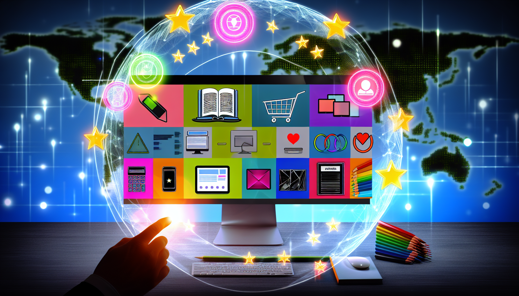 Imagine a sleek and modern website interface displayed on a computer screen. The homepage features a clean layout with vibrant colors, showcasing a variety of digital products like e-books, online courses, graphic design templates, and music files. Each product is represented with eye-catching thumbnails and brief descriptions, inviting users to explore further.nIn the background, elements symbolizing e-commerce are subtly integrated into the design. Shopping carts are illustrated alongside secure payment icons, emphasizing the ease and safety of transactions. Customer review stars are scattered throughout, highlighting user satisfaction and trust in the products offered.nTo enhance the digital theme, an abstract representation of internet connectivity is woven into the scene. Glowing nodes and lines form a global network, symbolizing the vast reach of online commerce and the interconnectedness of customers and businesses around the world.nThe overall color palette is vibrant yet professional, combining bright hues with sleek, modern typography to reflect the dynamic and serious nature of digital commerce. This visualization captures the essence of an online business, blending aesthetics with functionality to create an engaging user experience.
