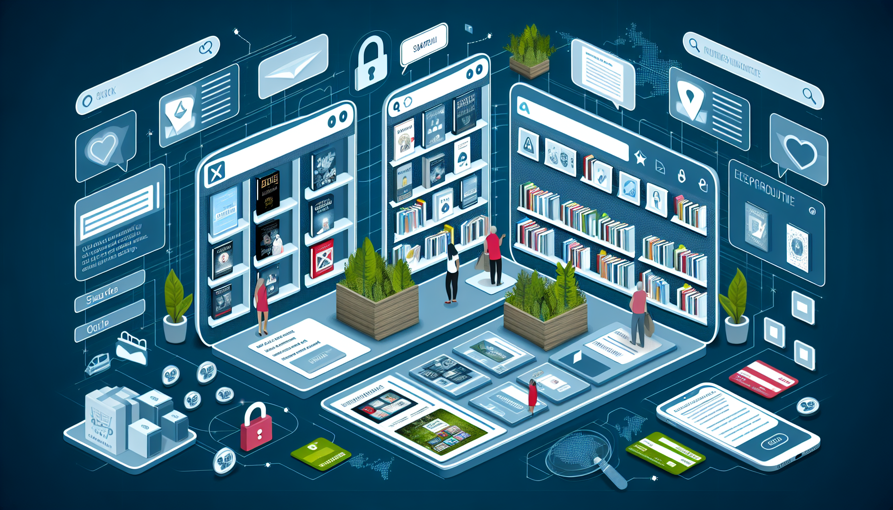 Imagine a vibrant digital marketplace displayed on a sleek, modern online platform. The homepage is divided into various sections, each showcasing a diverse array of digital products. nOn the left side, there’s a section dedicated to ebooks, featuring colorful covers and enticing titles. Each ebook is accompanied by a brief description, author information, and customer ratings displayed in star format. nNext to it, the online courses section is filled with engaging thumbnails representing different subjects, from coding to cooking. Each course listing includes a short overview, duration, and user reviews, making it easy for potential buyers to find what they’re looking for.nIn another section, digital art pieces are showcased in a gallery-style layout, with high-resolution images that allow users to appreciate the details. Each artwork has a title, artist name, and a price tag, along with options to add to a wishlist or cart.nAt the top of the platform, a prominent search bar allows users to quickly find specific products. Filters for categories, price ranges, and ratings help streamline the browsing experience.nTo ensure a secure shopping environment, icons of padlocks, credit cards, and digital wallets are subtly integrated into the checkout process, reassuring users of the safety of their transactions. nThe overall design of the platform is user-friendly, with a clean layout, intuitive navigation, and visually appealing graphics that invite users to explore and discover the wealth of digital products available.