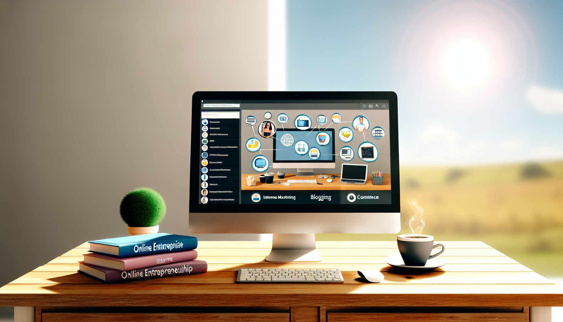 Imagine a cozy home office setup featuring a sturdy wooden desk. On the desk sits a sleek computer, its screen illuminated with several open tabs, each adorned with icons representing various online activities: a shopping cart for ecommerce, a pen for blogging, a megaphone for internet marketing, a code symbol for coding, and a graduation cap for online teaching. Scattered around the desk are books on online entrepreneurship, their colorful spines adding a touch of vibrancy to the scene. A steaming cup of coffee rests nearby, exuding warmth and inviting focus, while a small green plant adds a refreshing touch of nature. In the background, a large window allows bright sunlight to stream in, casting a warm glow and suggesting the promise of a productive early morning.