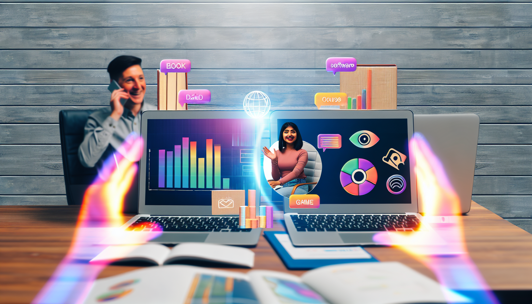 Imagine a vibrant scene that encapsulates the essence of online business and digital products. In a sleek, modern workspace, a South Asian woman sits confidently at her desk, surrounded by two open laptops. One laptop showcases a dynamic array of colorful graphs and analytics, representing the pulse of business performance and data insights. Meanwhile, her Caucasian male colleague engages in a lively conference call on the other laptop, highlighting collaboration in the digital age.nOn the desk, a digital representation of various products comes to life: an e-book with a captivating cover, a sleek software box, an icon symbolizing an online course, a music file ready to be played, and a vibrant game icon, each representing the diverse offerings of the online marketplace. From the screens, welcoming virtual hands extend towards the viewer, symbolizing the global reach and connectivity of online businesses, inviting everyone to be part of this digital revolution.