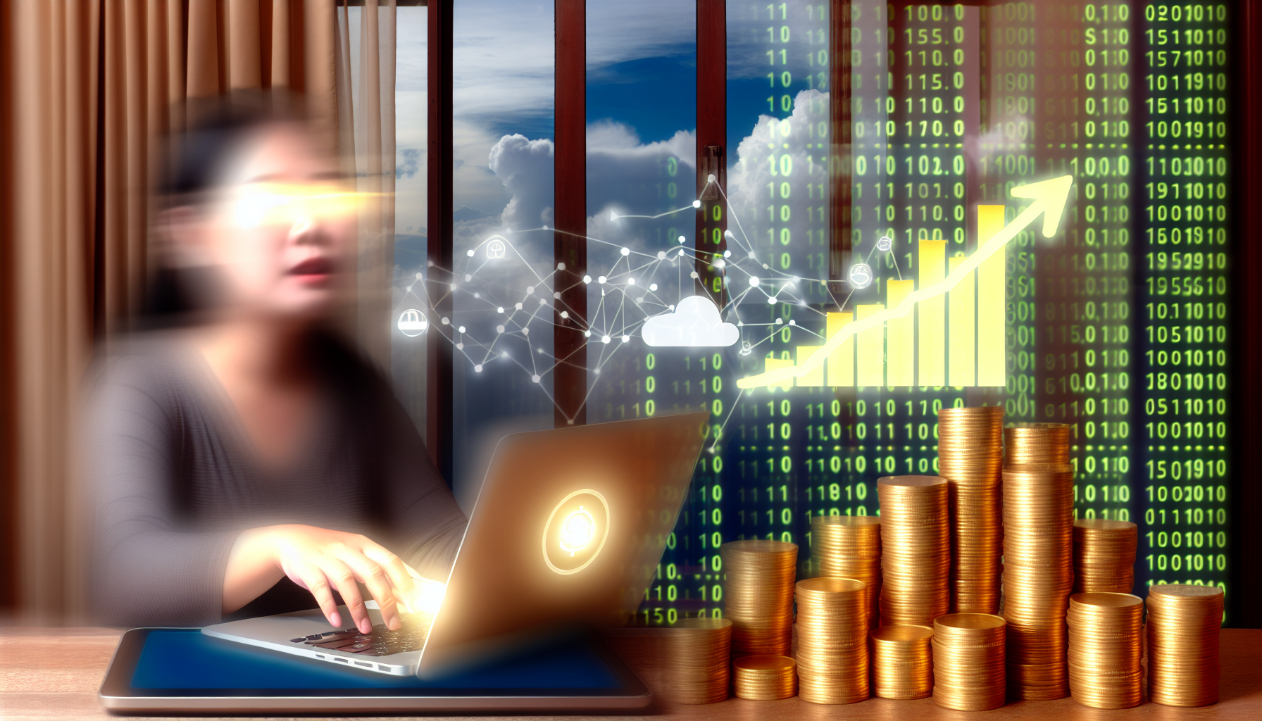 An image that metaphorically depicts the concept of earning money online features a central laptop on a desk, its glowing screen displaying a bar graph with a positive upward trend. Next to the laptop, piles of golden coins are stacked high, symbolizing increasing revenue. Through the window behind the desk, information can be seen transferring in the cloud, illustrating the processing of digital transactions. An Asian woman sits at the desk, her fingers flying over the keyboard, her face illuminated by the soft glow of the laptop screen.