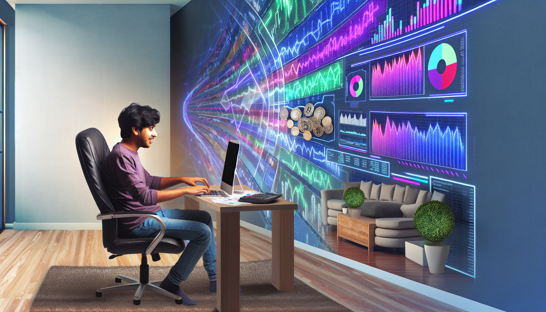 Imagine a cozy home office bathed in warm light, where a young South Asian man sits comfortably in a plush chair. He is focused, his fingers dancing over the keys of a sleek, futuristic keyboard. In front of him, a massive curved screen dominates the wall, showcasing a vibrant array of complex graphs, diagrams, and numbers that represent digital funds, e-commerce trends, and cryptocurrency fluctuations. nIn one corner of the screen, a digital progress bar steadily climbs, symbolizing his growing success in making money online. The atmosphere is serene yet dynamic, reflecting both productivity and creativity. To the side, a small indoor garden flourishes with several thriving plants, adding a touch of nature and suggesting a harmonious work-life balance. This visual encapsulates the modern entrepreneurial spirit, blending technology, finance, and personal well-being.